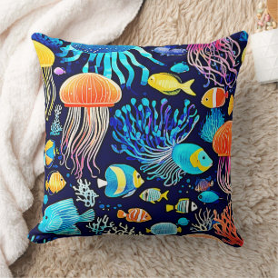 Jellyfish & Fish: Deep Sea Delight Throw Pillow