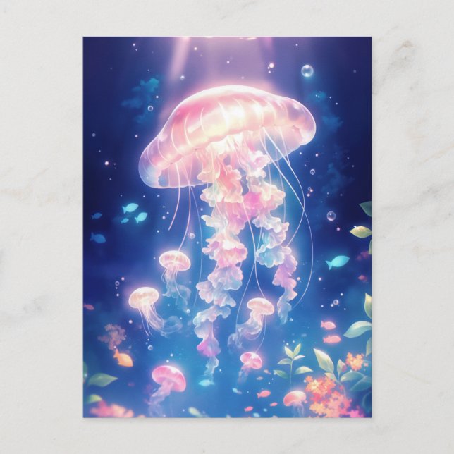 Jellyfish Glowing in Deep Blue Underwater Ocean Postcard (Front)