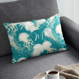 Jellyfish In Blue Ocean Summer Season Monogram Accent Pillow