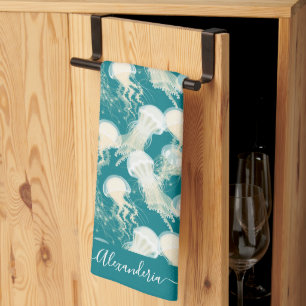 Jellyfish In Blue Ocean Summer Season Monogram Kitchen Towel