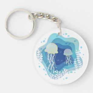Jellyfish in Ocean Paper Art Illustration Keychain