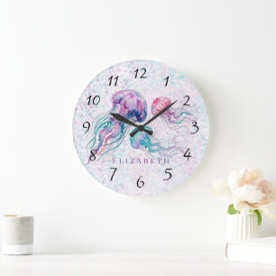 Jellyfish in Teal and Purple Girl Baby Shower Large Clock