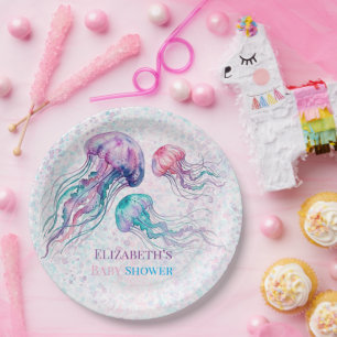 Jellyfish in Teal and Purple Girl Baby Shower Paper Plate