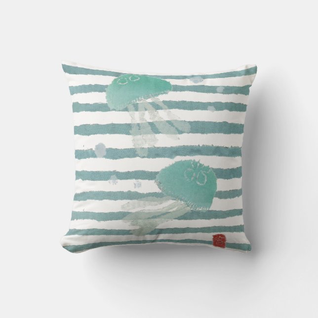 Jellyfish on Aqua Blue Stripe Pillow (Front)
