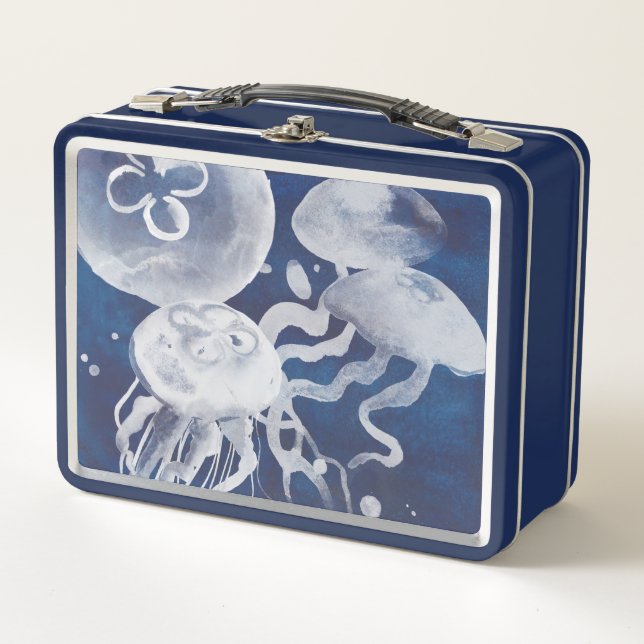 Jellyfish on Navy Background Metal Lunch Box (Front)