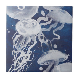 Jellyfish on Navy Background Tile