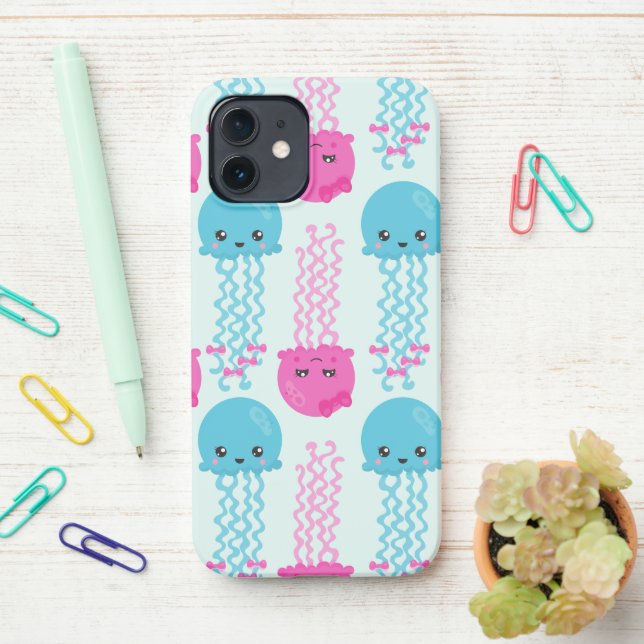Jellyfish Pattern, Cute Jellyfish, Sea Animals iPhone Case (On Desk)