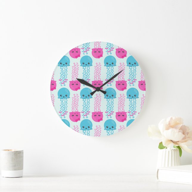 Jellyfish Pattern, Cute Jellyfish, Sea Animals Large Clock (Home)