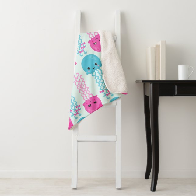 Jellyfish Pattern, Cute Jellyfish, Sea Animals Sherpa Blanket (In Situ)