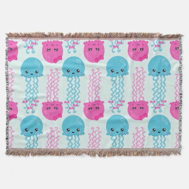 Jellyfish Pattern, Cute Jellyfish, Sea Animals Throw Blanket (Front)