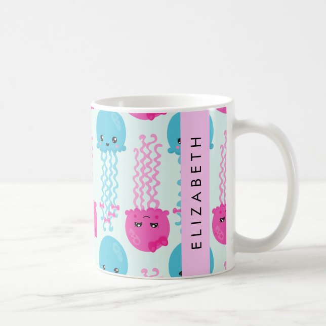 Jellyfish Pattern, Cute Jellyfish, Sea, Your Name Coffee Mug (Right)