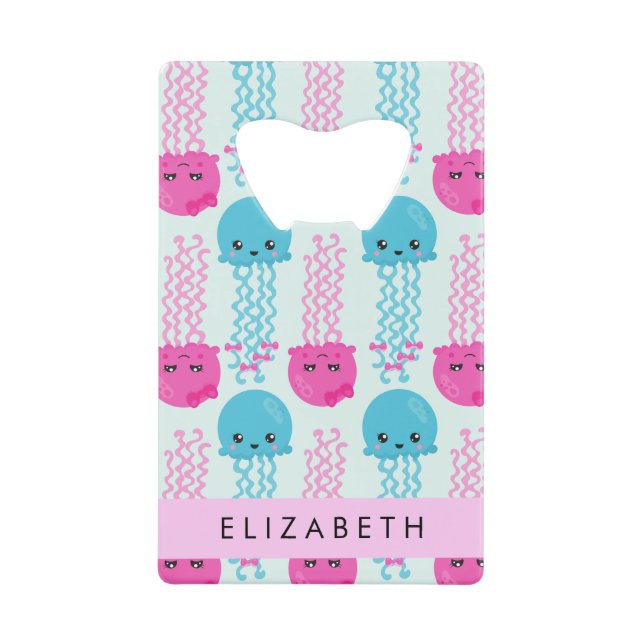 Jellyfish Pattern, Cute Jellyfish, Sea, Your Name Credit Card Bottle Opener (Front)
