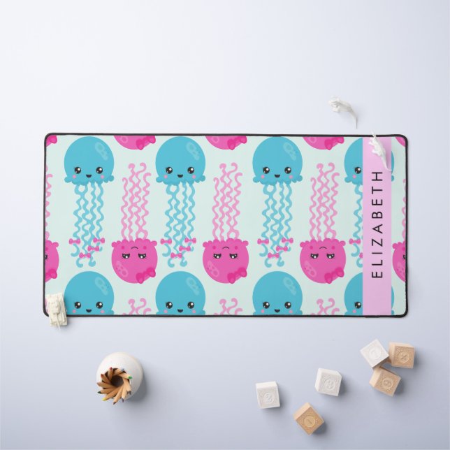 Jellyfish Pattern, Cute Jellyfish, Sea, Your Name Desk Mat (Kids Table)