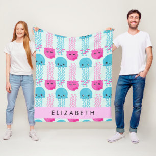 Jellyfish Pattern, Cute Jellyfish, Sea, Your Name Fleece Blanket