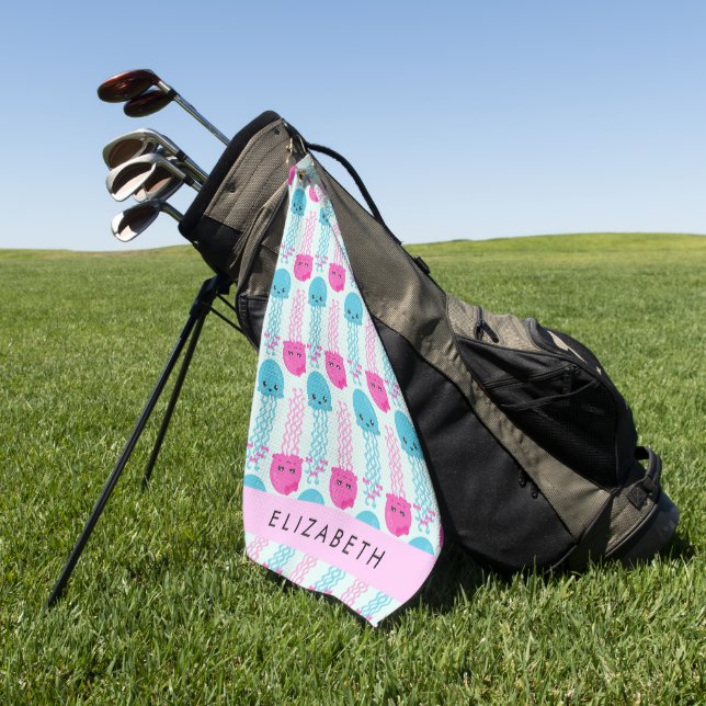Jellyfish Pattern, Cute Jellyfish, Sea, Your Name Golf Towel (Green)
