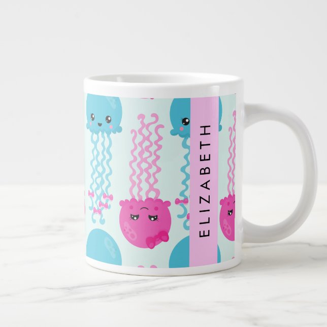 Jellyfish Pattern, Cute Jellyfish, Sea, Your Name Large Coffee Mug (Right)