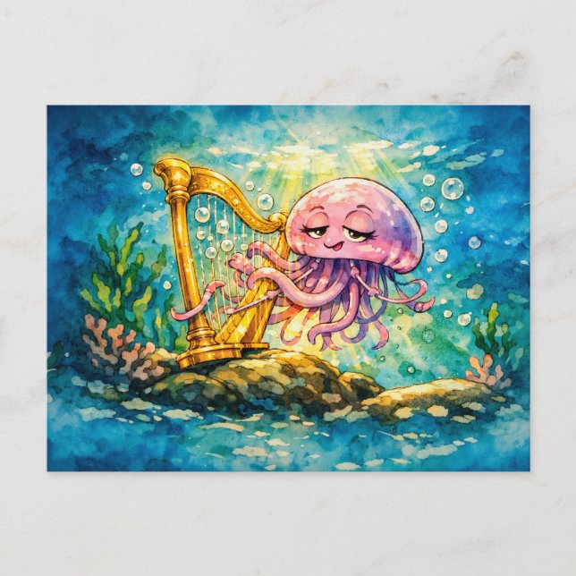 Jellyfish playing harp cartoon   postcard (Front)