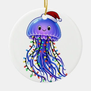 Jellyfish Santa Hat Christmas Lights Merry Jellyma Ceramic Ornament