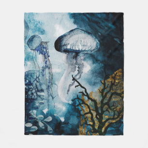 Jellyfish, sea grass with golden accents fleece blanket