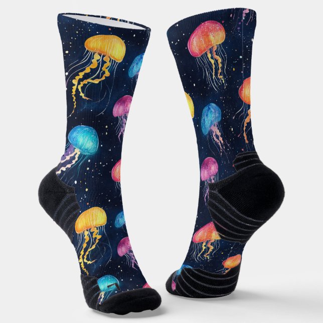 Jellyfish Sea Medusa Chalk Drawing Pattern Black Socks (Angled)