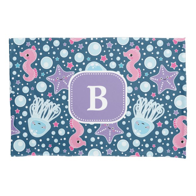 Jellyfish & Seahorses | Purple Monogram Pillowcase (Front)