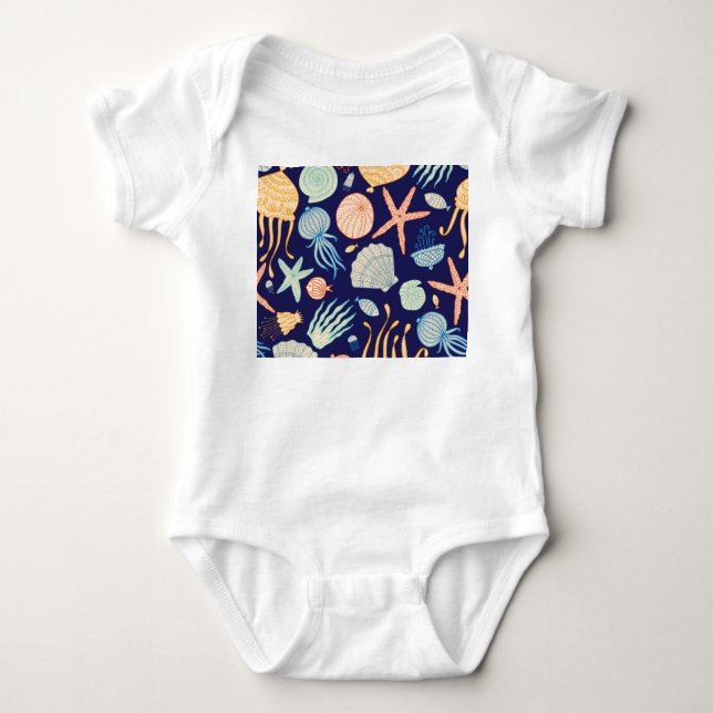Jellyfish Shells Fish Algae Pattern Baby Bodysuit (Front)