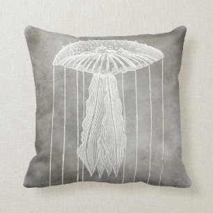 Jellyfish Silver Pewter Gray Coastal Watercolor Throw Pillow