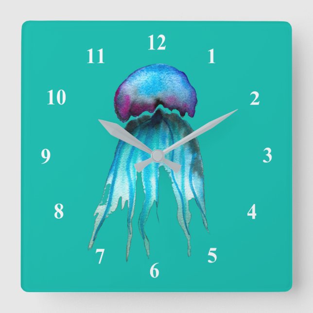 Jellyfish watercolor colorful modern aquatic square wall clock (Front)