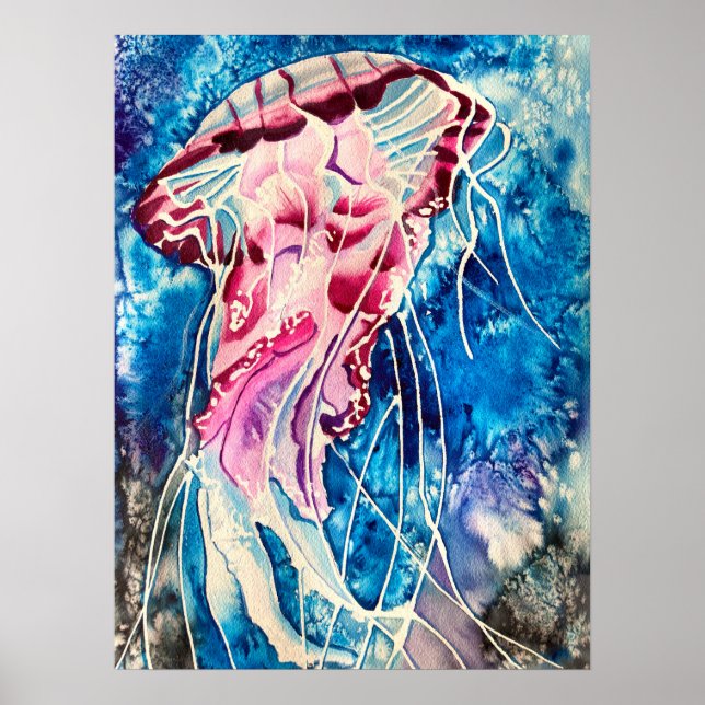 Jellyfish watercolor colourful ocean art poster (Front)