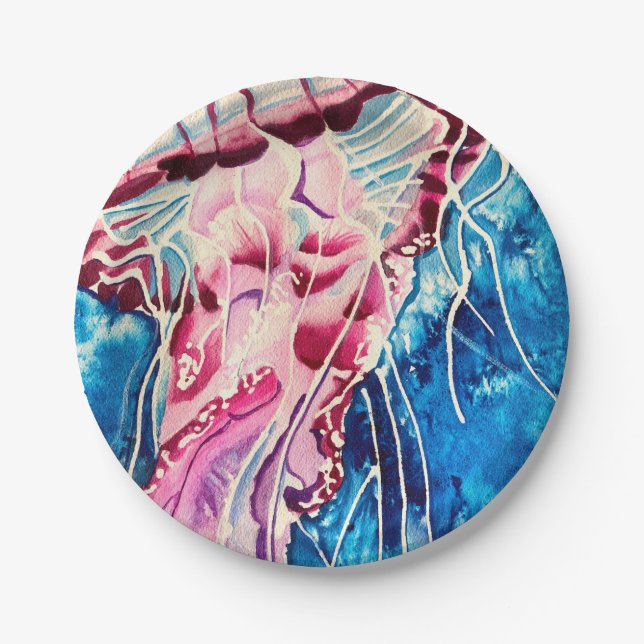 Jellyfish watercolor ocean art paper plate (Front)