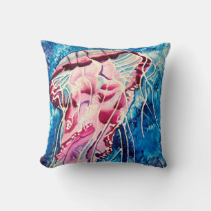 Jellyfish watercolor ocean art throw pillow