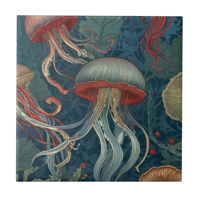 Jellyfish William Morris style Sea Ocean Animals Tile (Front)