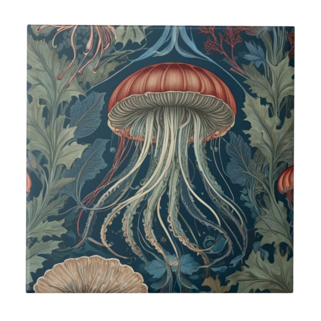 Jellyfish William Morris style Sea Ocean Life Tile (Front)