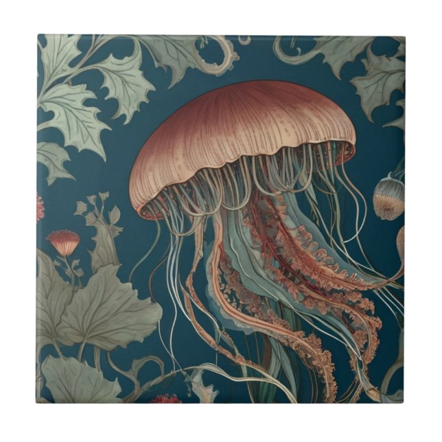 Jellyfish William Morris style Sea Ocean Marine Tile (Front)
