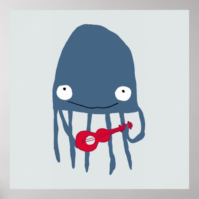 Jellyfish with Ukelele Poster in Navy (Front)