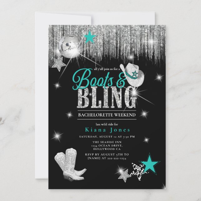 Jena McBride Boots 'n Bling Disco ID925 Invitation (Front)