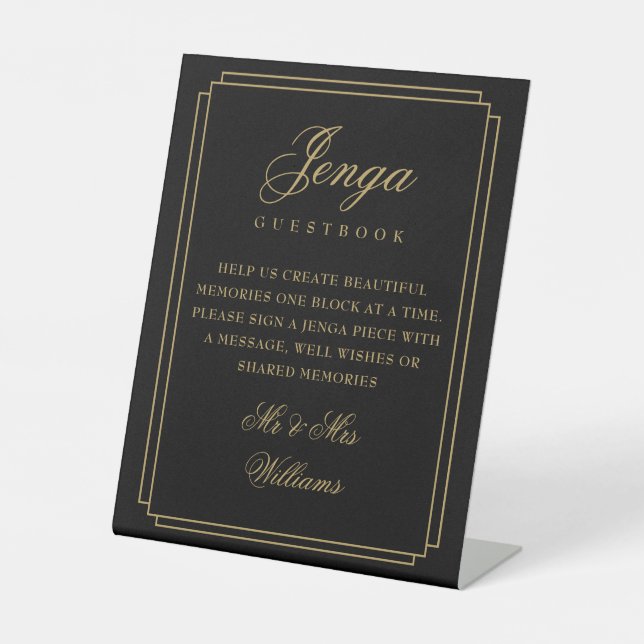 Jenga Guest Book Black And Gold Art Deco Pedestal Sign (Front)