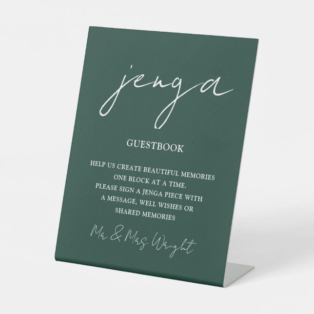 Jenga Guestbook Emerald Green Minimalist Script Pedestal Sign (Front)