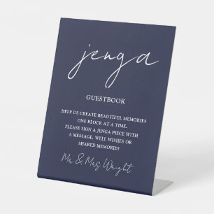 Jenga Guestbook Navy Blue Minimalist Script Pedestal Sign