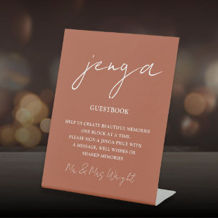 Jenga Guestbook Terracotta Minimalist Script Pedestal Sign