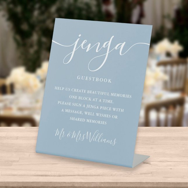 Jenga Wedding Guestbook Elegant Script Dusty Blue Pedestal Sign (Creator Uploaded)