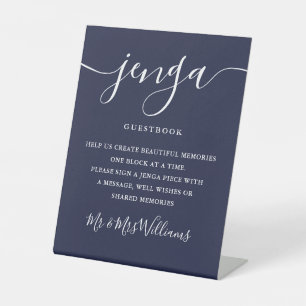 Jenga Wedding Guestbook Elegant Script Navy Blue Pedestal Sign