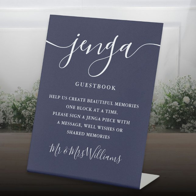 Jenga Wedding Guestbook Elegant Script Navy Blue Pedestal Sign (Jenga Wedding Guestbook Elegant Script Navy Blue Pedestal Sign)