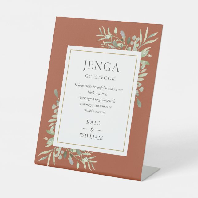 Jenga Wedding Guestbook Greenery Terracotta Pedestal Sign (Front)