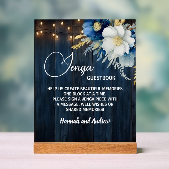 Jenga Wedding Guestbook String Lights Floral Acrylic Sign (Neutral)