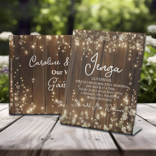 Jenga Wedding Guestbook String Lights Wood Pedestal Sign