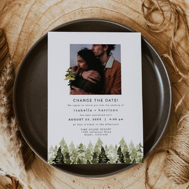 Jenna - Rustic Pine Tree Wedding Reschedule Invitation (Creator Uploaded)