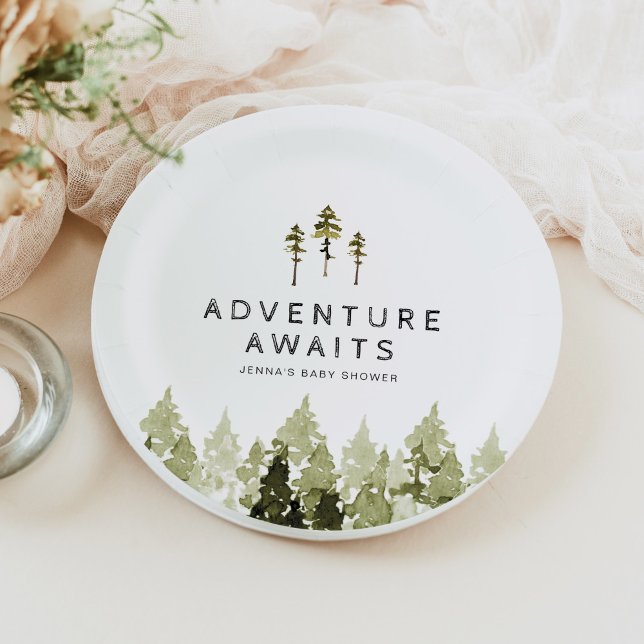 JENNA Rustic Watercolor Pine Tree Baby Shower Paper Plate (Creator Uploaded)