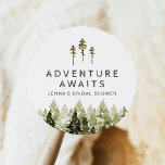 JENNA Rustic Watercolor Pine Tree Bridal Shower Classic Round Sticker<br><div class="desc">The Jenna Bridal Shower Collection feature gorgeous watercolor pine trees and a rustic font combination. This collection is perfect for your mountain outdoor adventure themed event.</div>