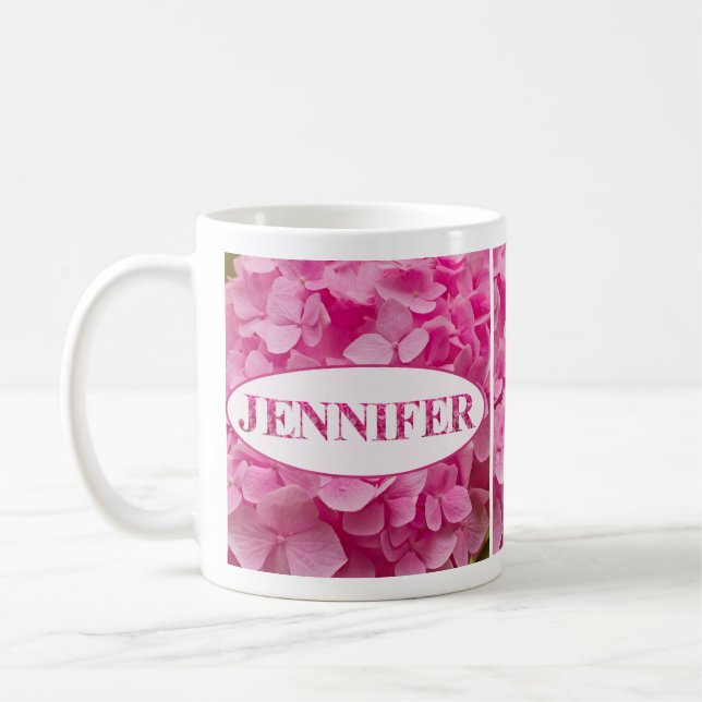 "Jennifer" Name in Pink Hydrangea Floral Lettering Coffee Mug (Left)